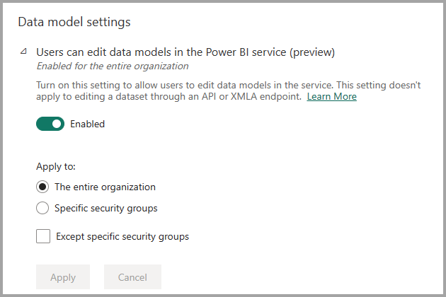 Снимок экрана: параметр портала администрирования, включенный для редактирования моделей данных в службе.