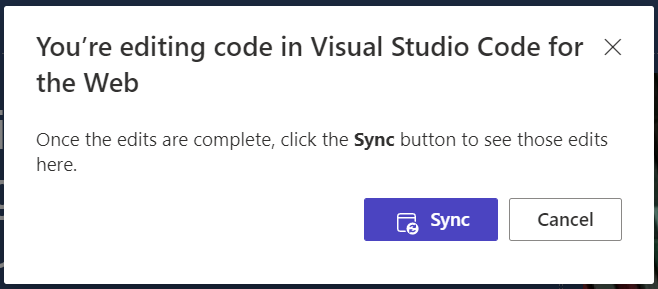 Интерфейс, позволяющий пользователю выбрать кнопку «Синхронизировать», чтобы синхронизировать изменения, сделанные в Visual Studio Code, со студией дизайна.