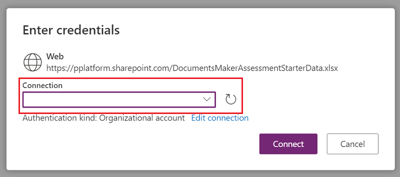 Выберите подключение для потока данных, который нужно подключить к SharePoint .