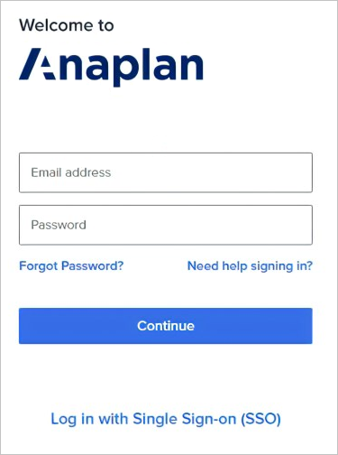 Диалоговое окно Anaplan с именем пользователя и паролем, а также единый вход в систему в нижней части экрана.