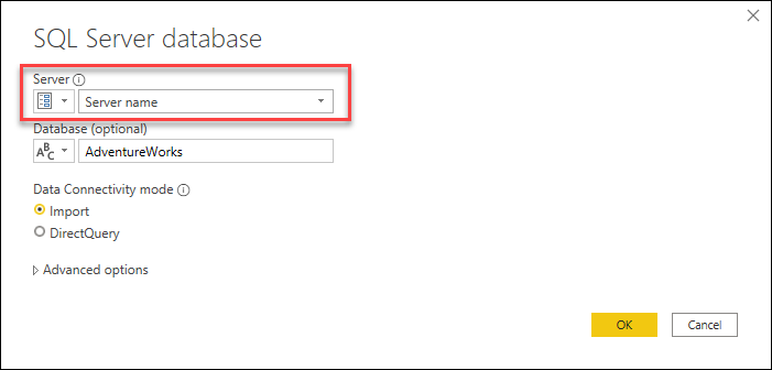 диалоговое окно базы данных SQL Server с параметром для имени сервера.