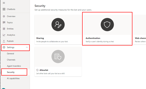 Снимок экрана страницы «Безопасность» Copilot Studio, на котором выделены «Параметры», «Безопасность» и «Проверка подлинности».