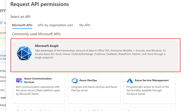 Снимок экрана: окно «Запросить разрешения API» с выделенным Microsoft Graph.