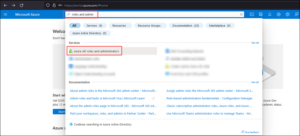 Снимок экрана: Microsoft Entra ролей и администраторов в результатах поиска на домашней странице портал Azure.