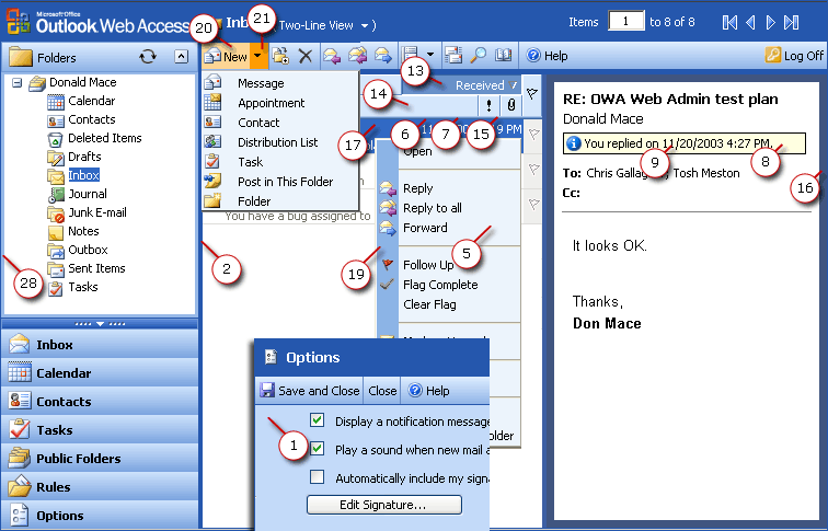Выноски пользовательского интерфейса Outlook Web Access, служащие для отображения расположения цветов