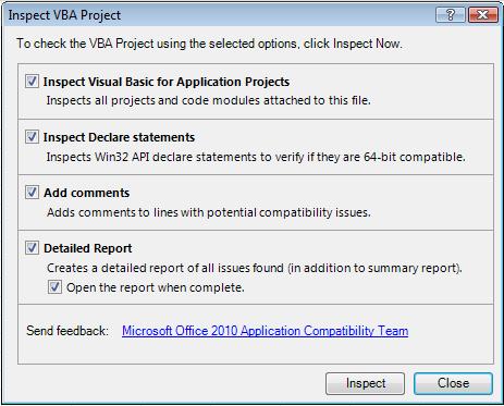 Диалоговое окно "Inspect VBA Project" (Проверка проекта VBA)
