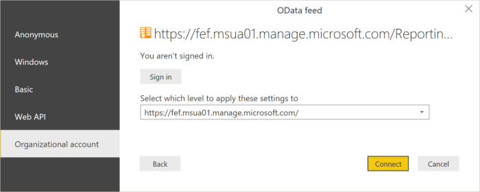 Screenshot of OData feed setting in Organizational account.