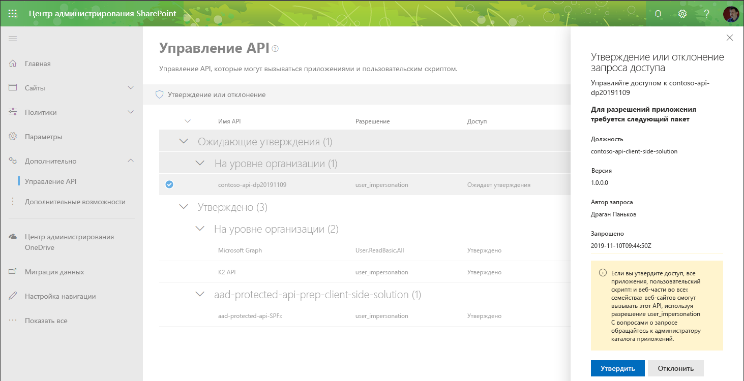 Снимок экрана: страница управления WebApiPermission во время утверждения