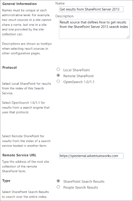 Четыре первых раздела страницы источника результатов для получения результатов гибридного поиска от SharePoint Server 2013