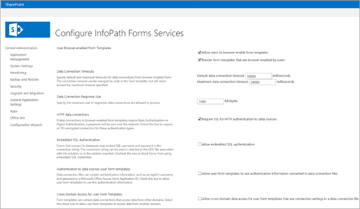 Снимок экрана: конфигурации InfoPath Forms Services в локальной среде SharePoint.