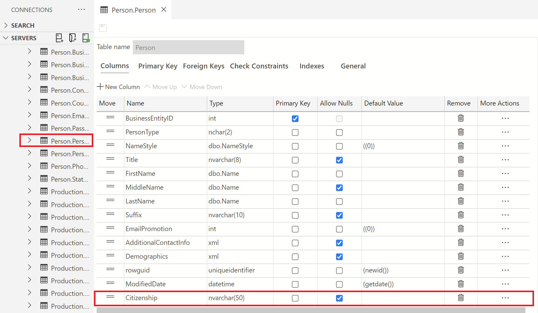 Screenshot of Azure Data Studio showing the changes made to the table in the local host connection.