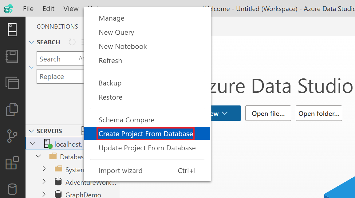 Screenshot of the object explorer in Azure Data Studio showing how to create a project from a database object.