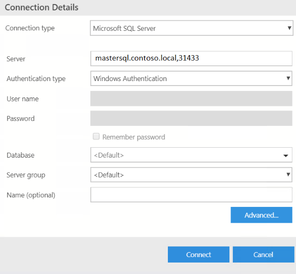 Диалоговое окно "Подключение к SQL Server" в Azure Data Studio