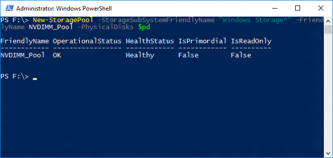 Screenshot of a Windows Powershell window showing the output of the New-StoragePool cmdlet.