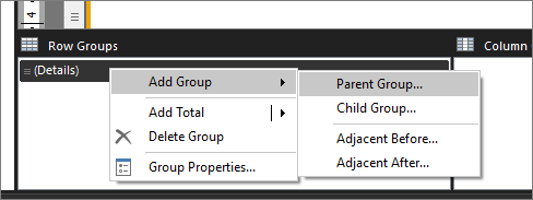 Снимок экрана, показывающий, как добавить родительскую группу в отчет в свободной форме построителя отчетов.