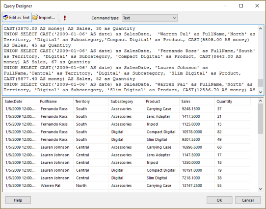 Снимок экрана: конструктор запросов, отображающий данные, доступные для отображения в отчете в свободной форме построителя отчетов.
