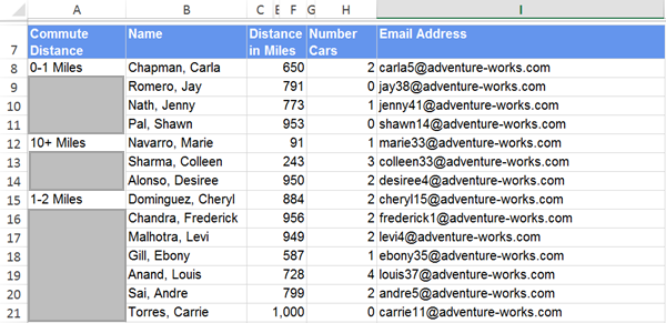 Снимок экрана: отчет, экспортируемый в Excel, с строками.