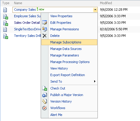 Снимок экрана: команды меню для элементов сервера отчетов.
