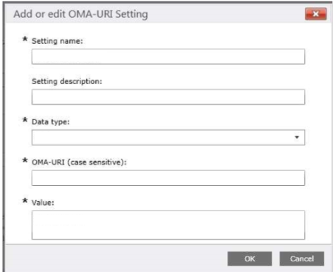Снимок экрана: пустое диалоговое окно параметра OMA-URI.