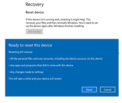 Снимок экрана: сброс и восстановление для Surface Hub.