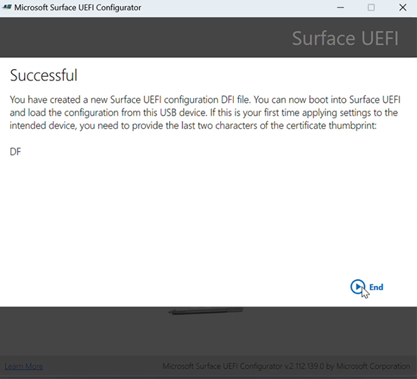 Снимок экрана: завершение конфигуратора UEFI