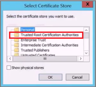 Снимок экрана: выбор хранилища сертификатов.