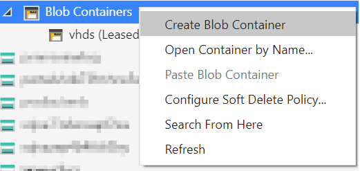 Снимок экрана Обозреватель службы хранилища Azure с контекстным меню для контейнеров BLOB-объектов в меню навигации с выделенным пунктом Создать контейнер BLOB-объектов.