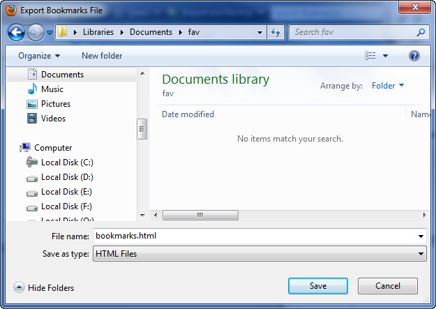 Снимок экрана расположения для сохранения bookmarks.html.