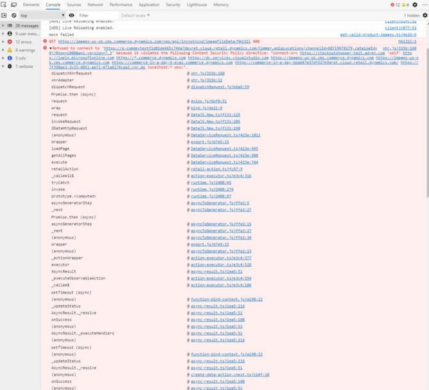 Снимок экрана: ошибка с упоминанием о нарушении директивы политики безопасности содержимого в средствах отладчика браузера.