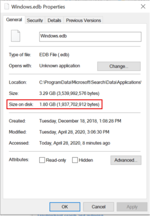 Размер свойства диска файла Windows.edb