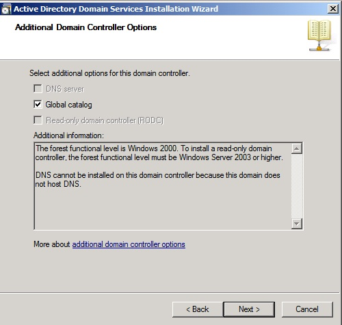 Снимок экрана: окно мастера установки доменные службы Active Directory с неактивным цветом DNS-сервера и контроллера домена только для чтения.