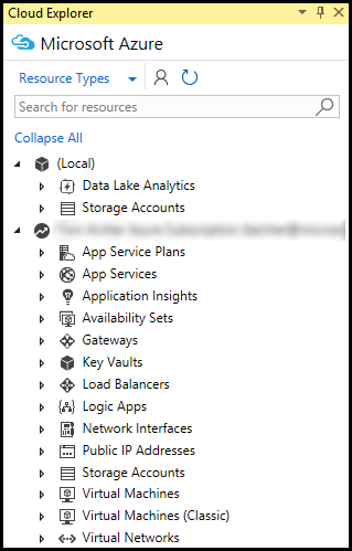 Список ресурсов для учетной записи Azure в Cloud Explorer