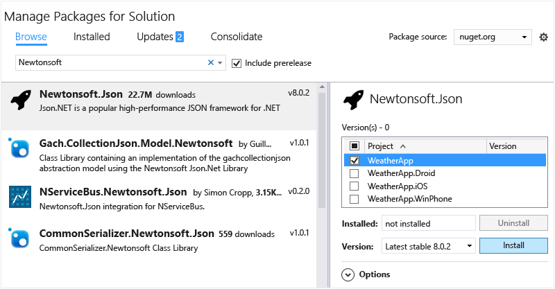 Locating and installing the Newtonsoft.Json NuGet package