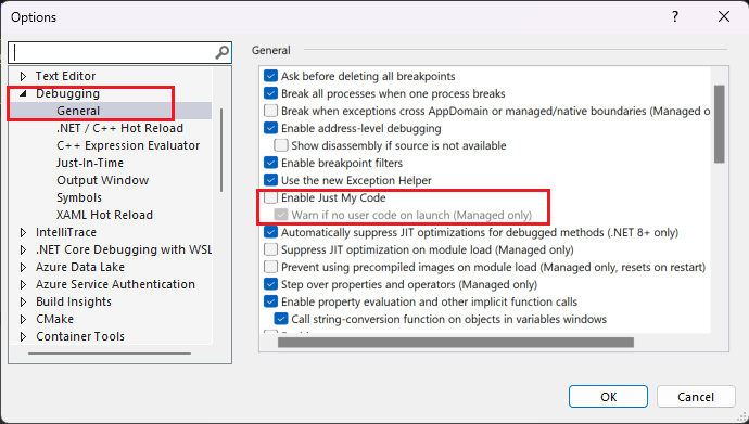 Снимок экрана: параметры отладки Visual Studio.