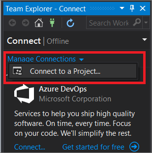 Раздел "Управление подключениями" в окне Team Explorer интегрированной среды разработки Visual Studio.