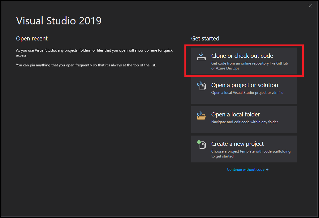 Снимок экрана: окно "Создание проекта" в Visual Studio 2019 версии 16.7 или ниже.