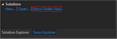 Снимок экрана: раздел решений в окне Team Explorer в Visual Studio 2019 версии 16.7 или ниже после завершения клонирования.