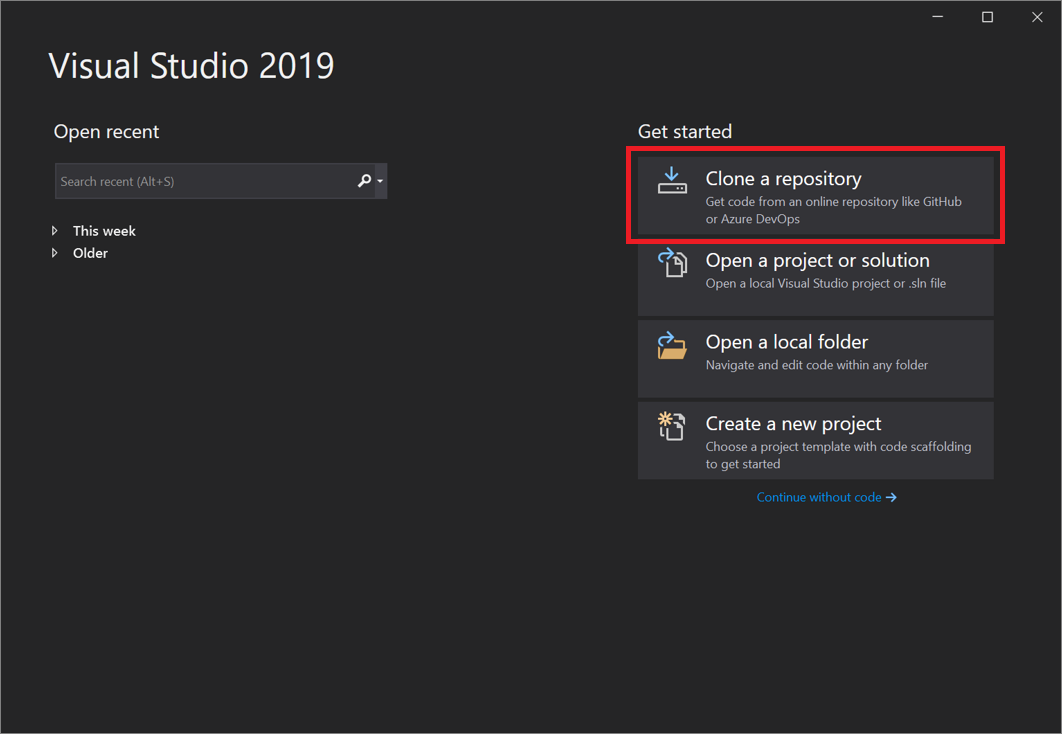 Снимок экрана: диалоговое окно "Клонировать репозиторий" в Visual Studio 2019 версии 16.8 и более поздней
