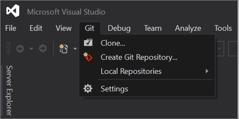 Снимок экрана: меню Git в Visual Studio 2019 версии 16.8 или выше.