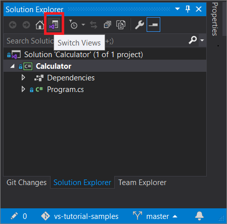 Снимок экрана: проект в Git, открытый в обозревателе решений с выделенной кнопкой "Переключить представления" в Visual Studio 2019 версии 16.8 или выше.