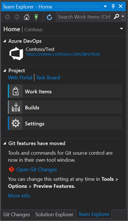 Снимок экрана: диалоговое окно Team Explorer, созданное в Visual Studio 2019 версии 16.8 или выше.