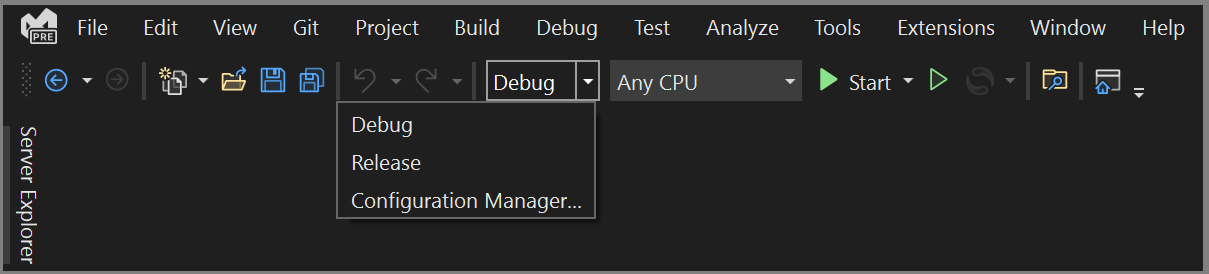 Снимок экрана: средство выбора конфигурации сборки в Visual Studio 2022.