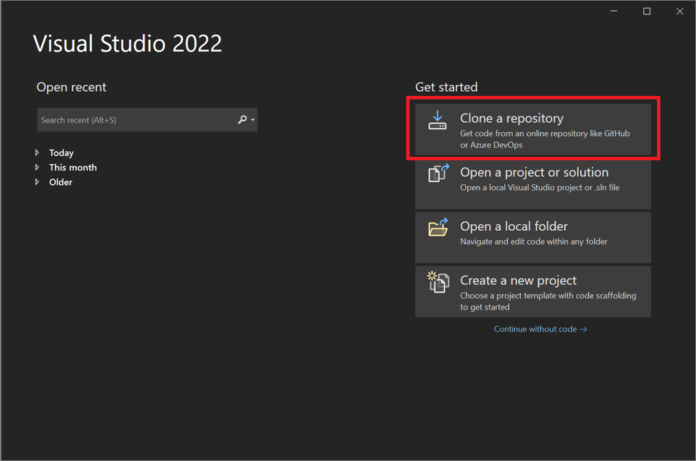 Снимок экрана: диалоговое окно &quot;Клонирование репозитория&quot; в Visual Studio.