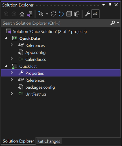 Screenshot of Solution Explorer with a Properties node showing.