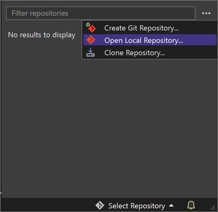 Снимок экрана: элемент управления &quot;Выбрать репозиторий&quot; с выбранным значком многоточия и параметром &quot;Открыть локальный репозиторий&quot;.
