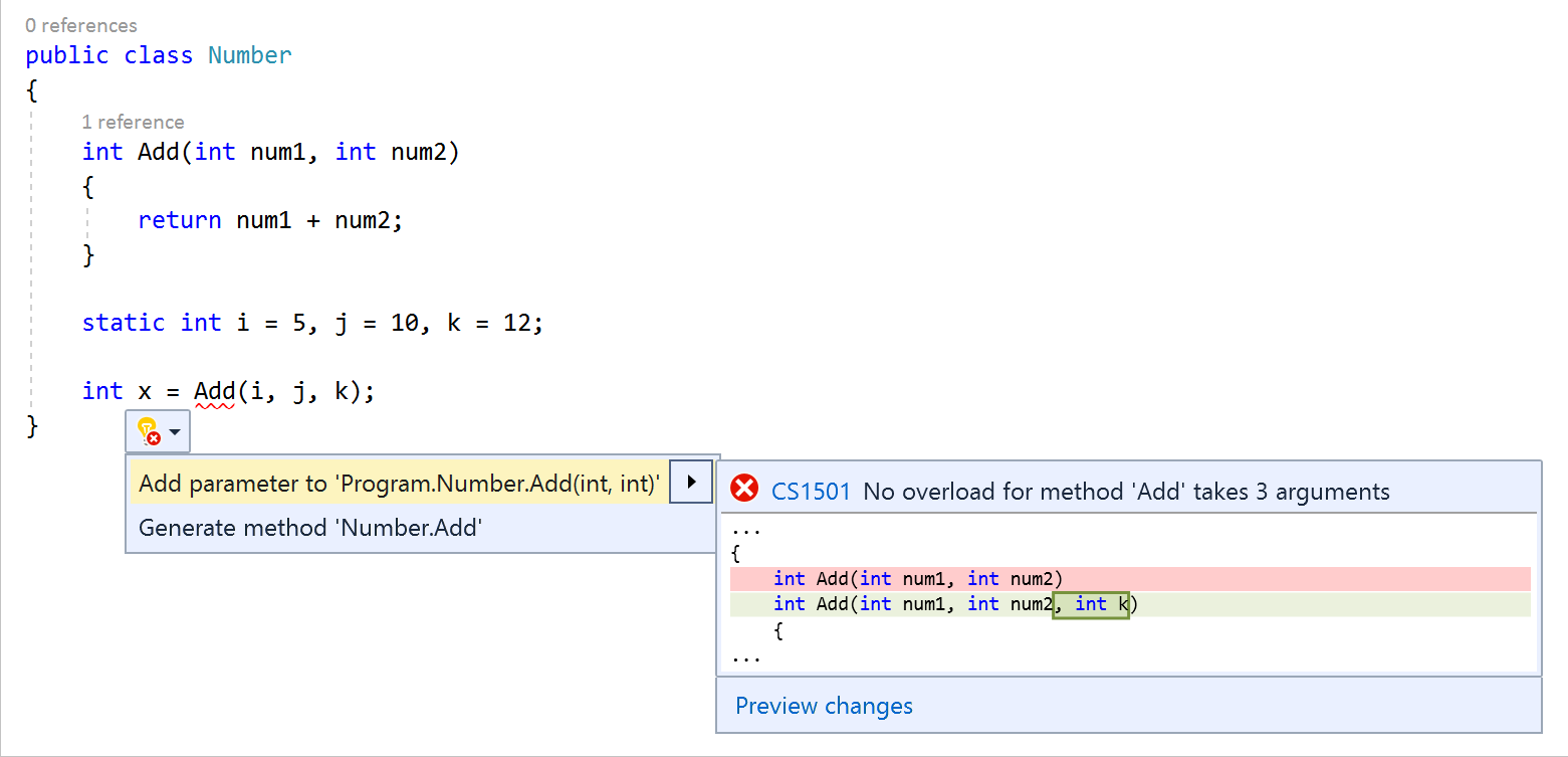 Add parameter to method quick action in Visual Studio