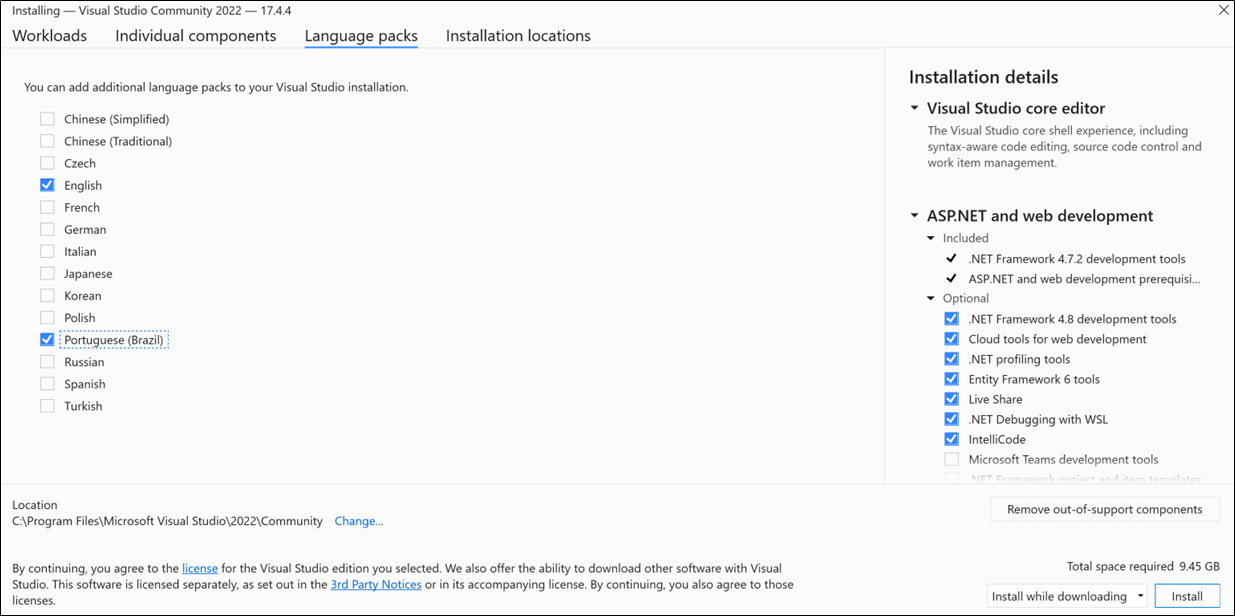 Снимок экрана: вкладка "Языковые пакеты" в Visual Studio Installer