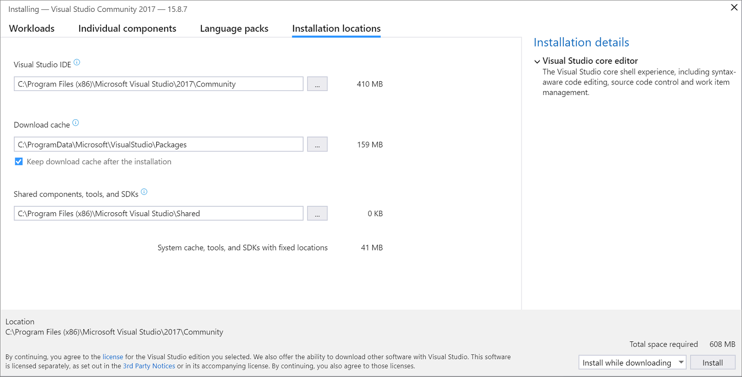 Screenshot showing the Installation locations tab of the Visual Studio Installer.