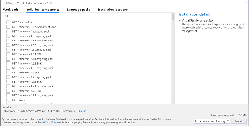 Снимок экрана: вкладка "Отдельные компоненты" в Visual Studio Installer