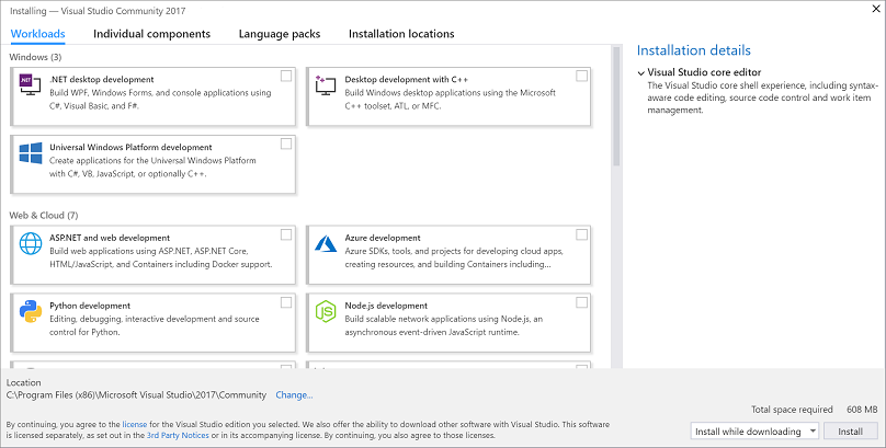 Снимок экрана: вкладка "Рабочие нагрузки" в Visual Studio Installer